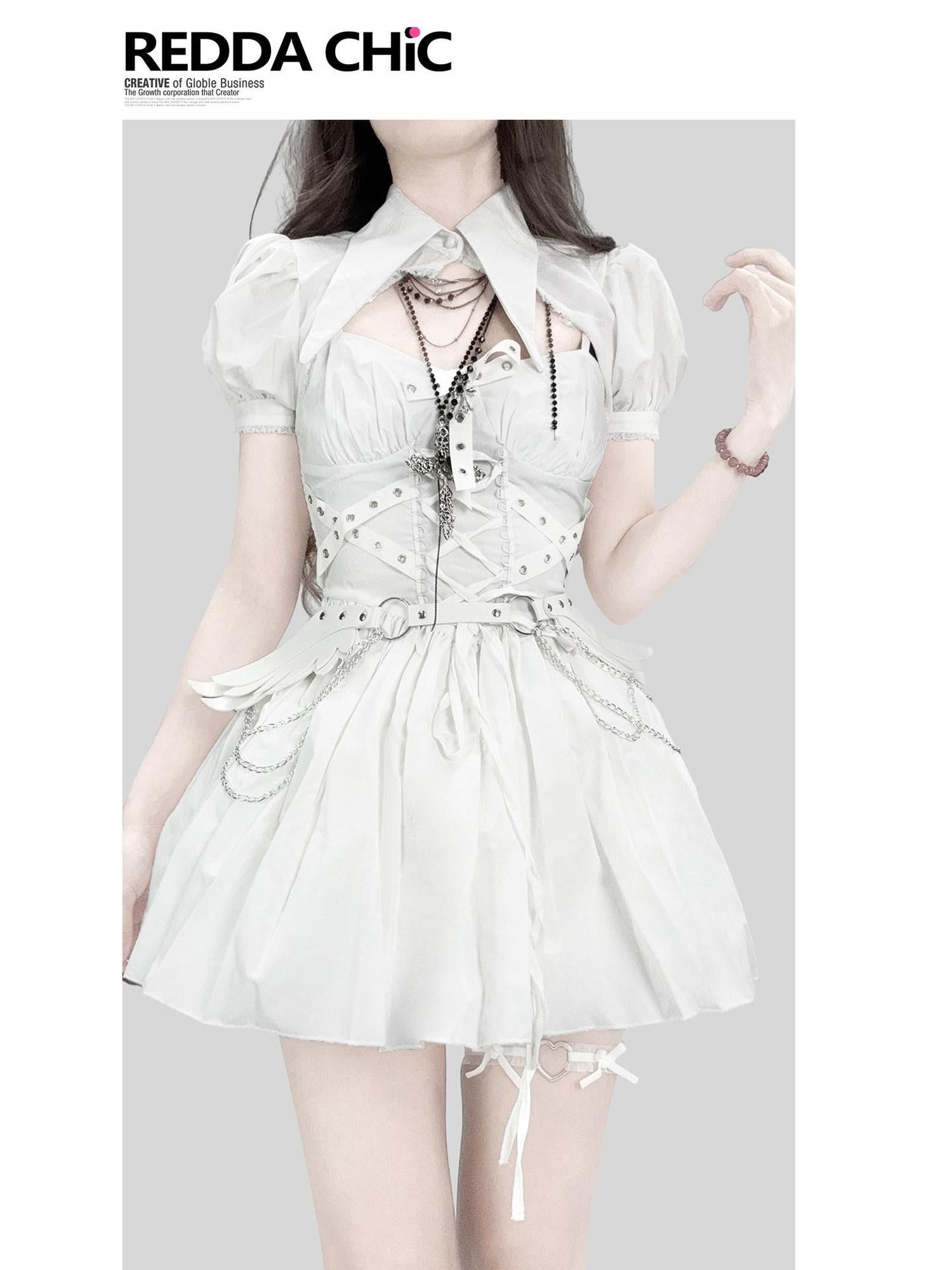 REDDACHIC White Gothic Puff Sleeve Cinched Waist Shawl Camisole Women'S Mini Dresses