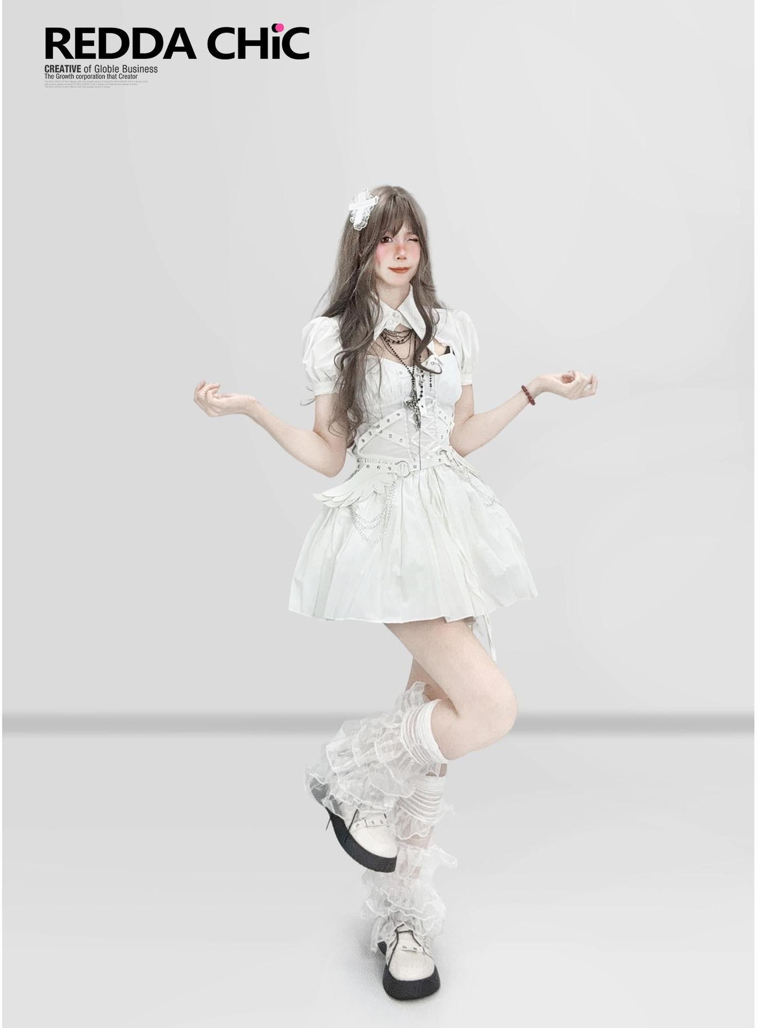 REDDACHIC White Gothic Puff Sleeve Cinched Waist Shawl Camisole Women'S Mini Dresses