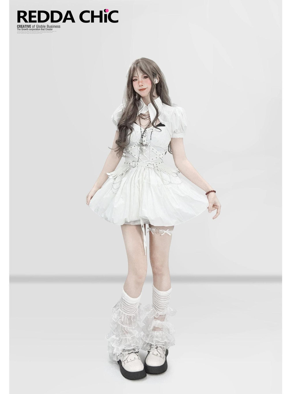 REDDACHIC White Gothic Puff Sleeve Cinched Waist Shawl Camisole Women'S Mini Dresses