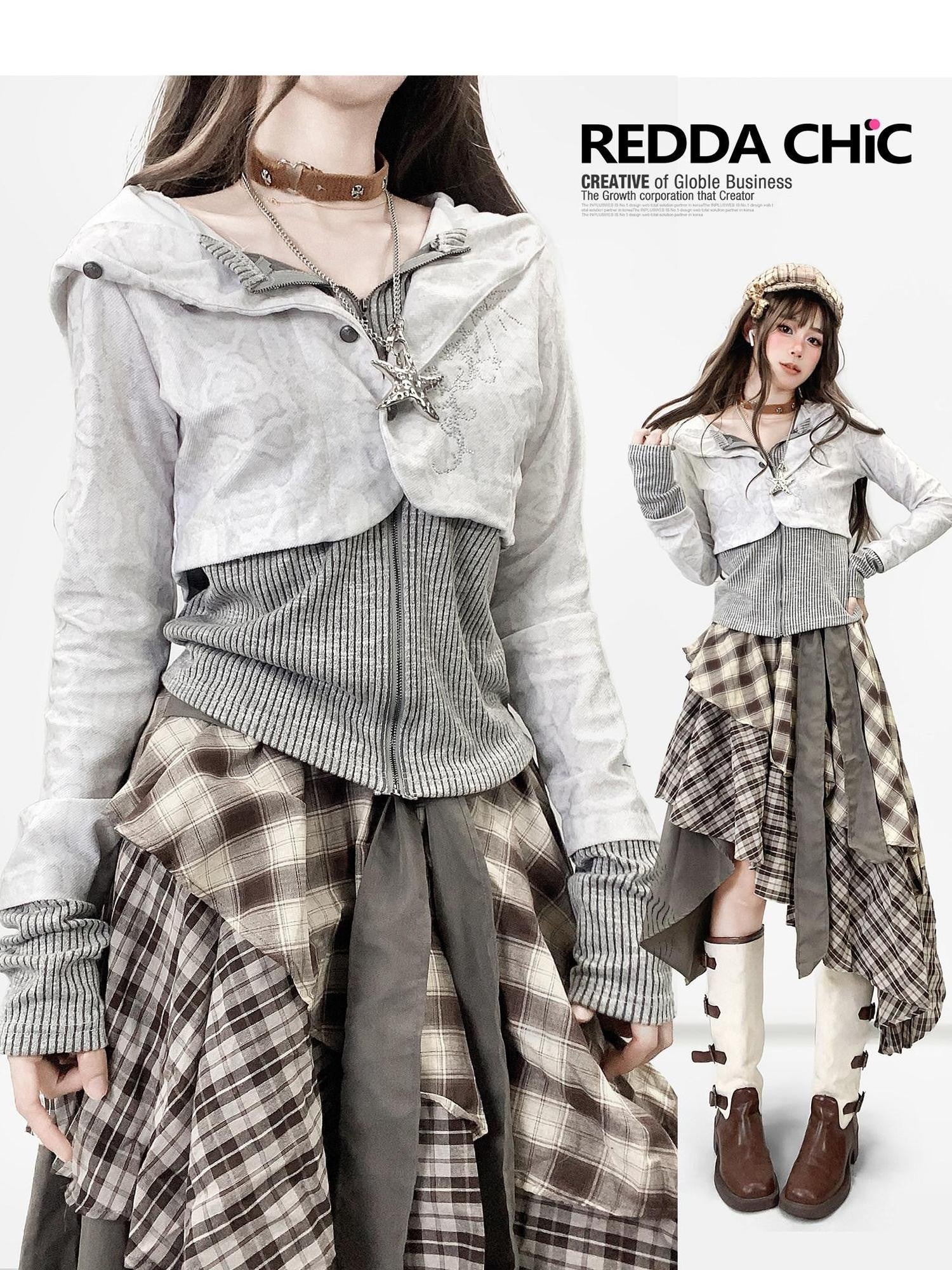 REDDACHIC White Grey Patchwork Striped Slim Zip Hooded Cross Print Women'S Hoodies