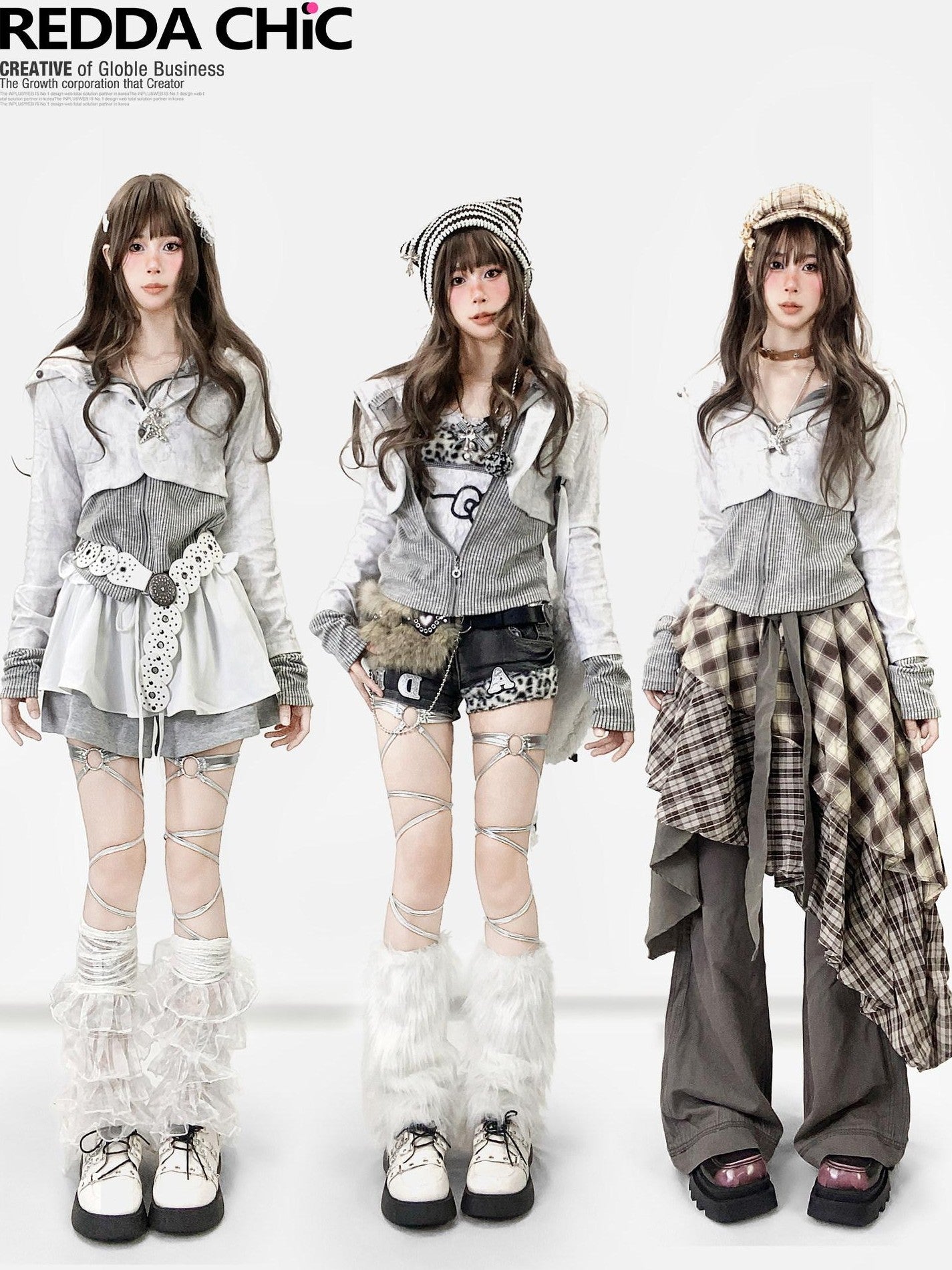 REDDACHIC White Grey Patchwork Striped Slim Zip Hooded Cross Print Women'S Hoodies