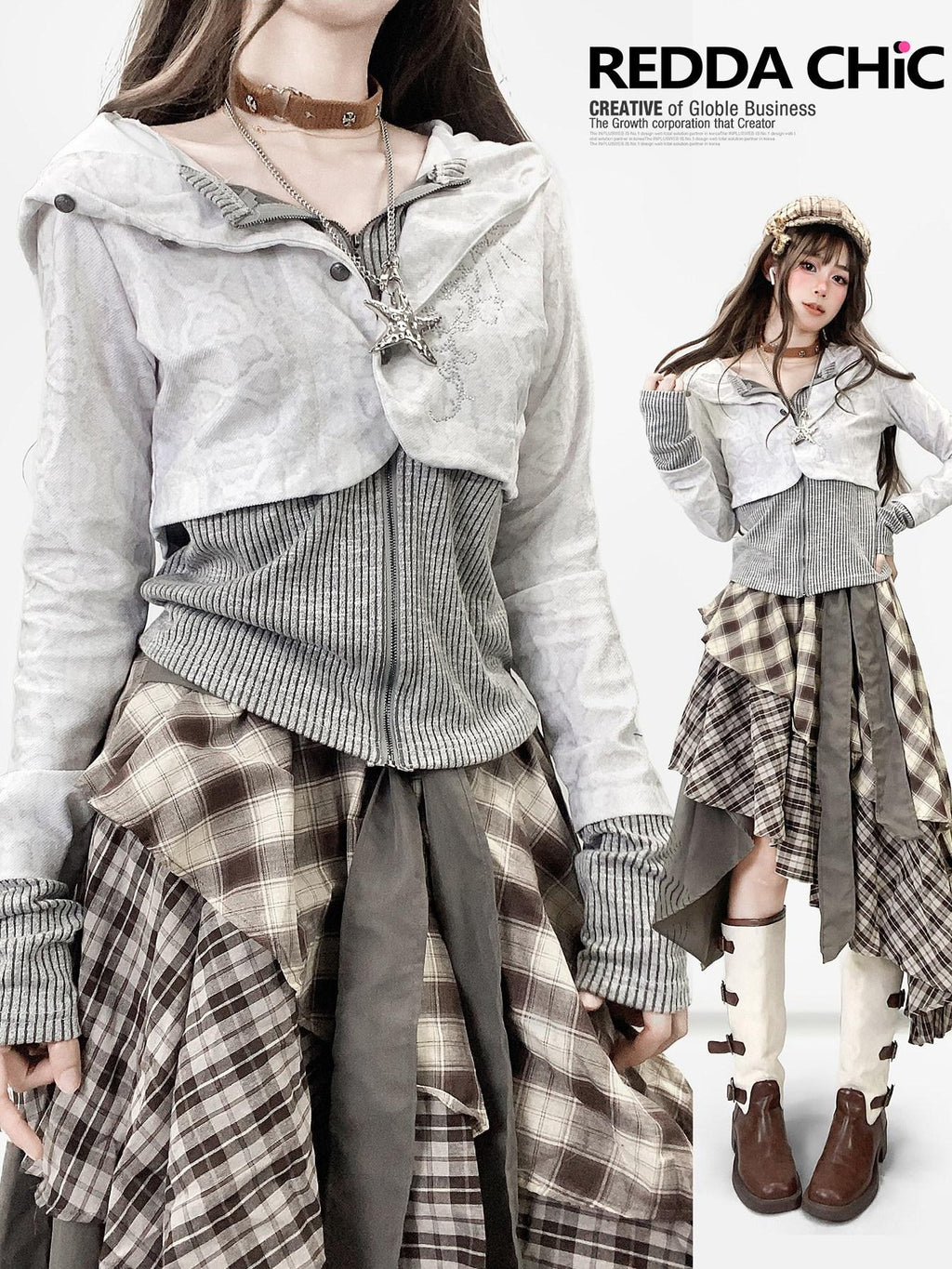 REDDACHIC White Grey Patchwork Striped Slim Zip Hooded Cross Print Women'S Hoodies