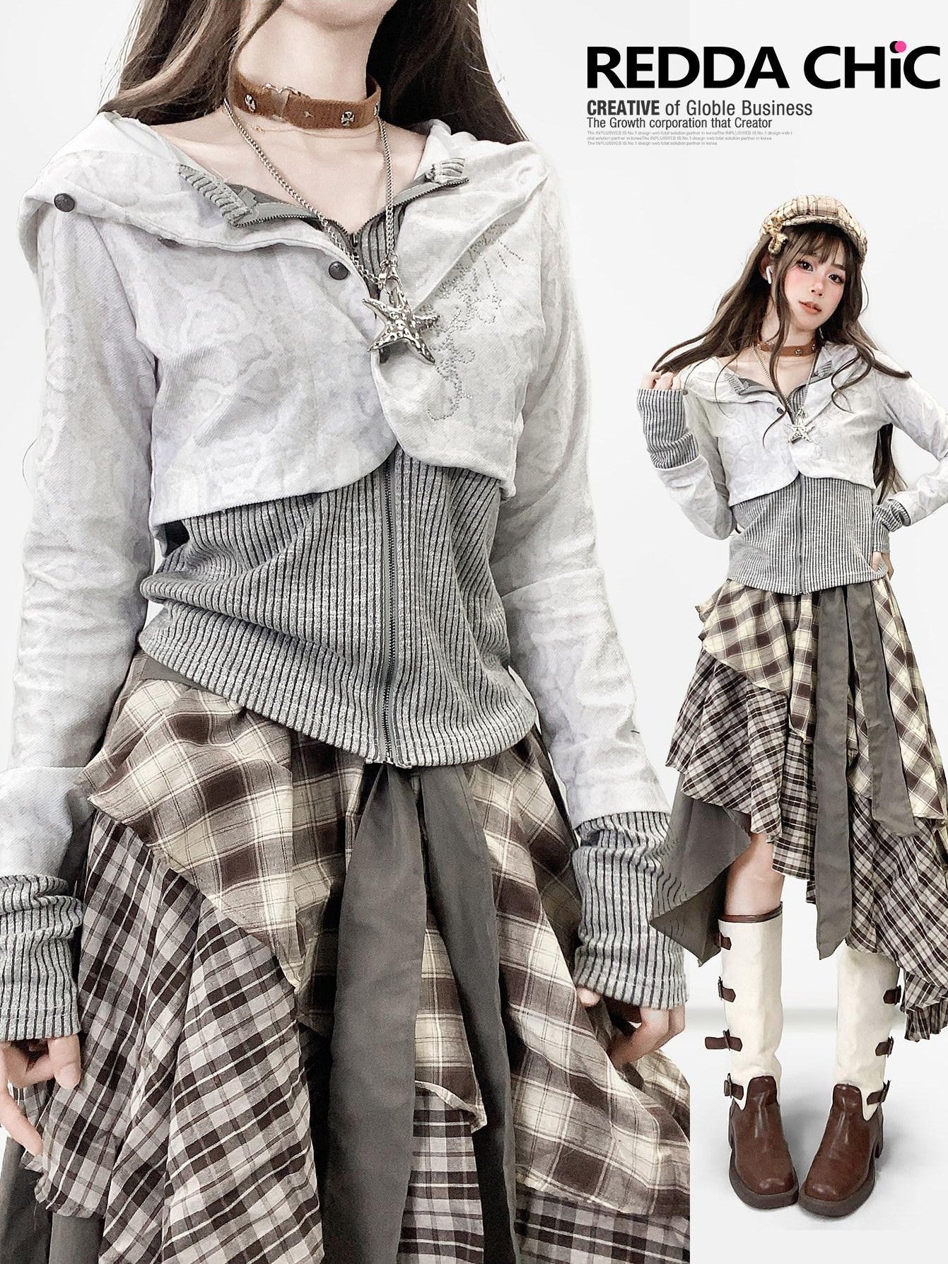 REDDACHIC White Grey Patchwork Striped Slim Zip Hooded Cross Print Women'S Hoodies