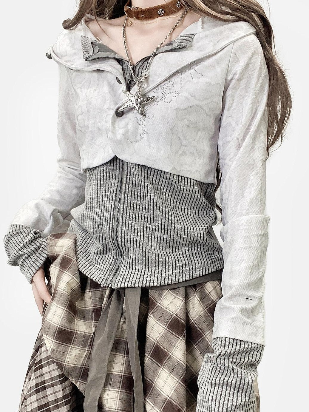 REDDACHIC White Grey Patchwork Striped Slim Zip Hooded Cross Print Women'S Hoodies