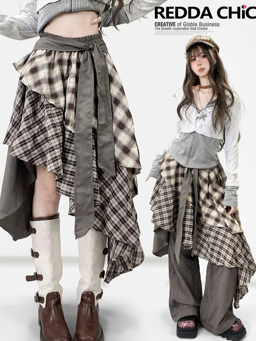 REDDACHIC White Grey Patchwork Striped Slim Zip Hooded Cross Print Women'S Hoodies