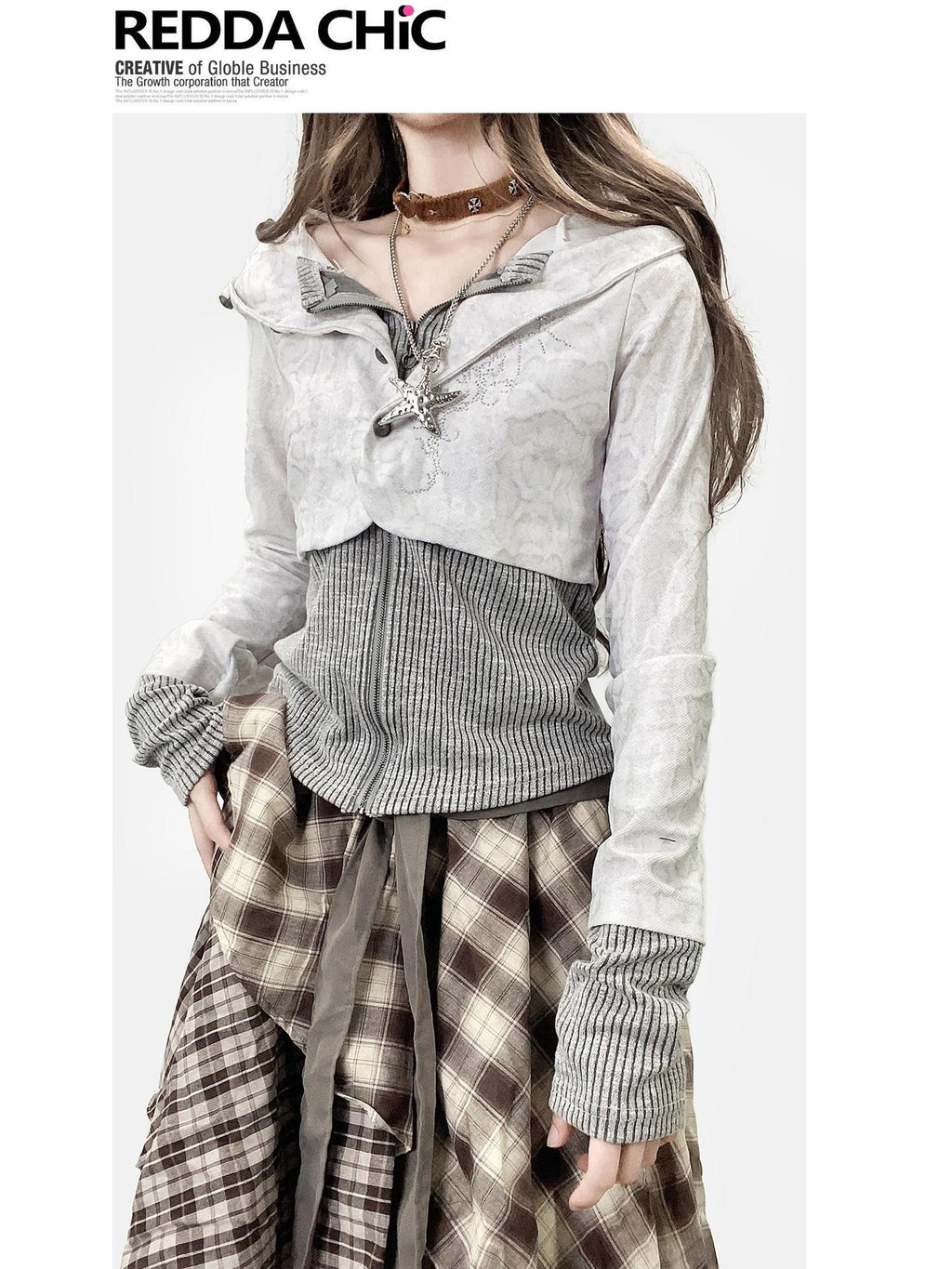 REDDACHIC White Grey Patchwork Striped Slim Zip Hooded Cross Print Women'S Hoodies