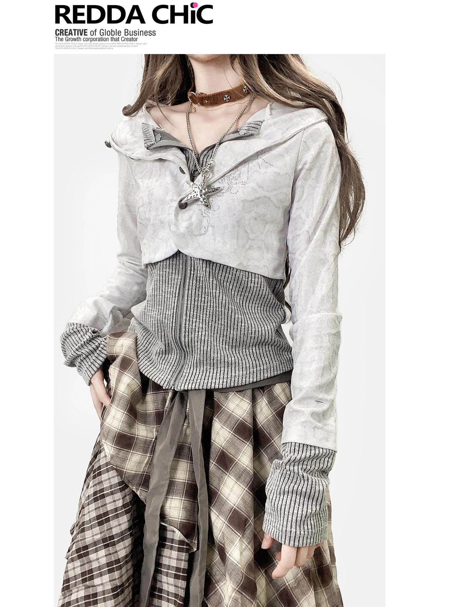 REDDACHIC White Grey Patchwork Striped Slim Zip Hooded Cross Print Women'S Hoodies