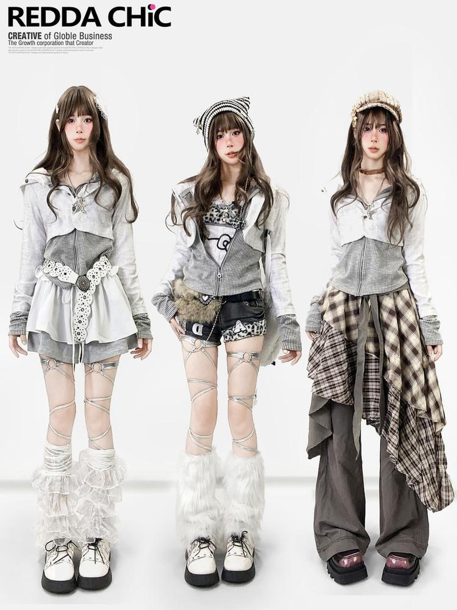 REDDACHIC White Grey Patchwork Striped Slim Zip Hooded Cross Print Women'S Hoodies