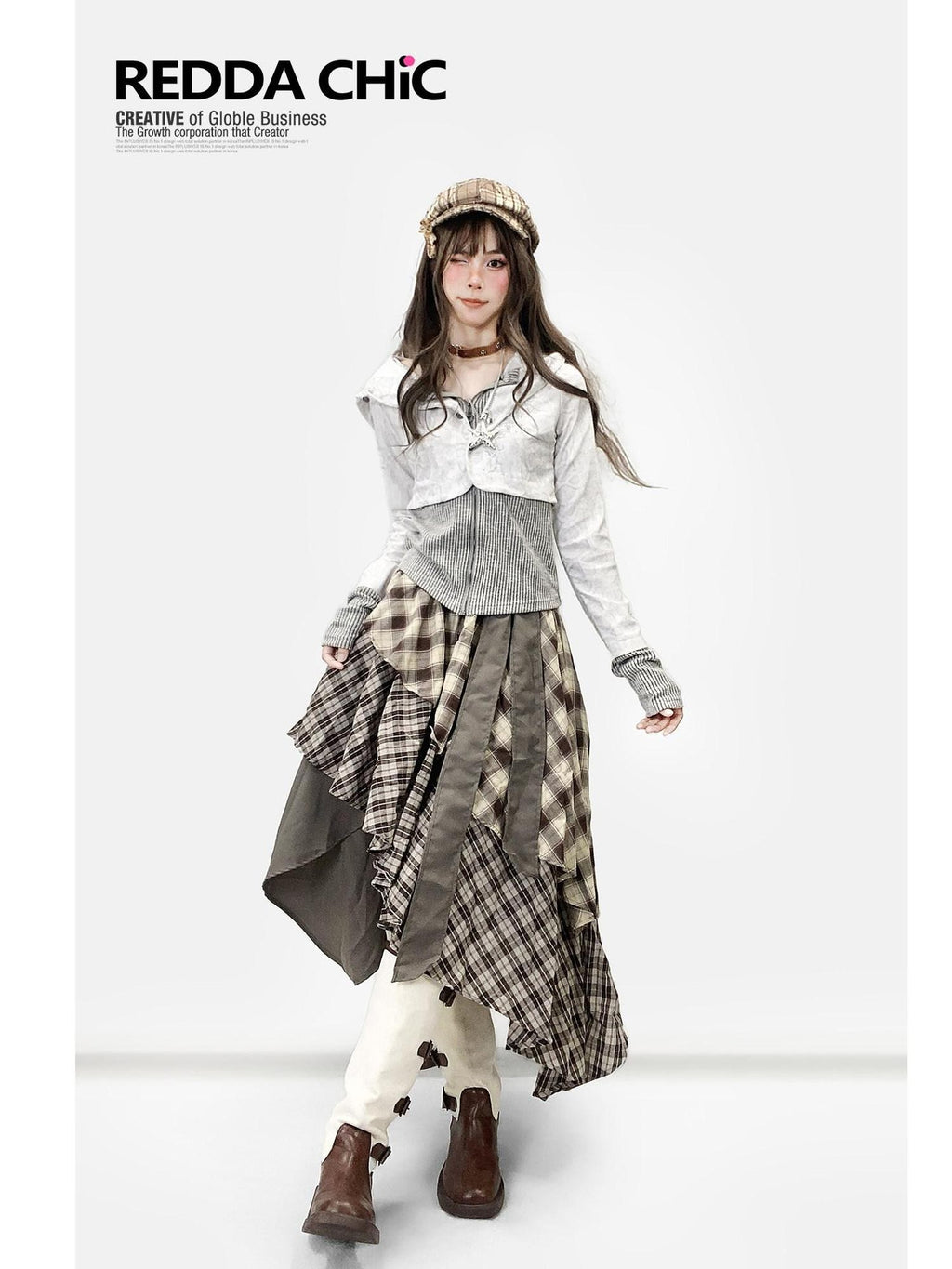 REDDACHIC White Grey Patchwork Striped Slim Zip Hooded Cross Print Women'S Hoodies