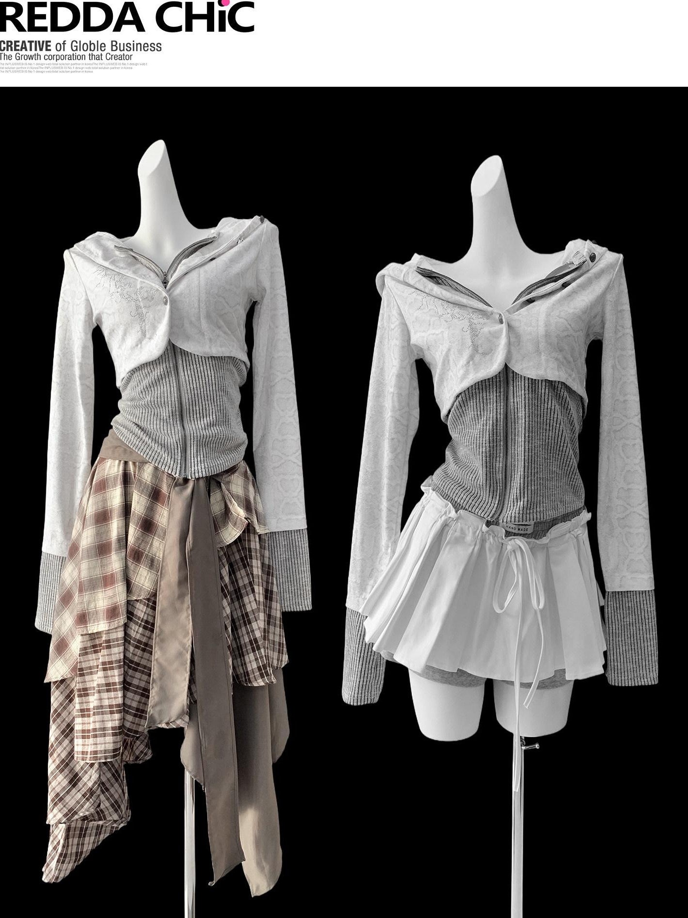 REDDACHIC White Grey Patchwork Striped Slim Zip Hooded Cross Print Women'S Hoodies