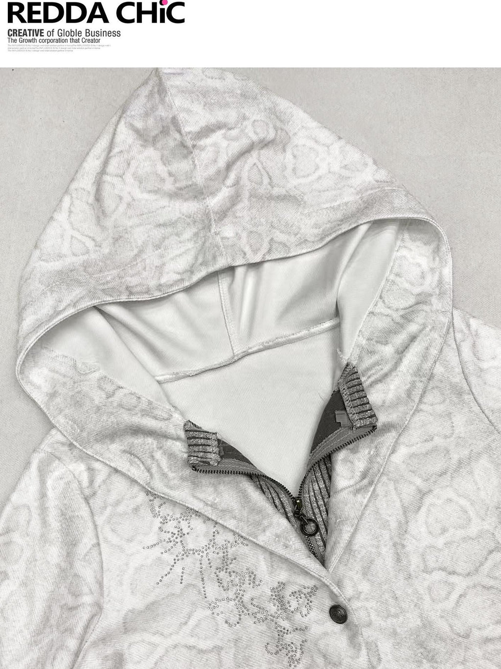 REDDACHIC White Grey Patchwork Striped Slim Zip Hooded Cross Print Women'S Hoodies