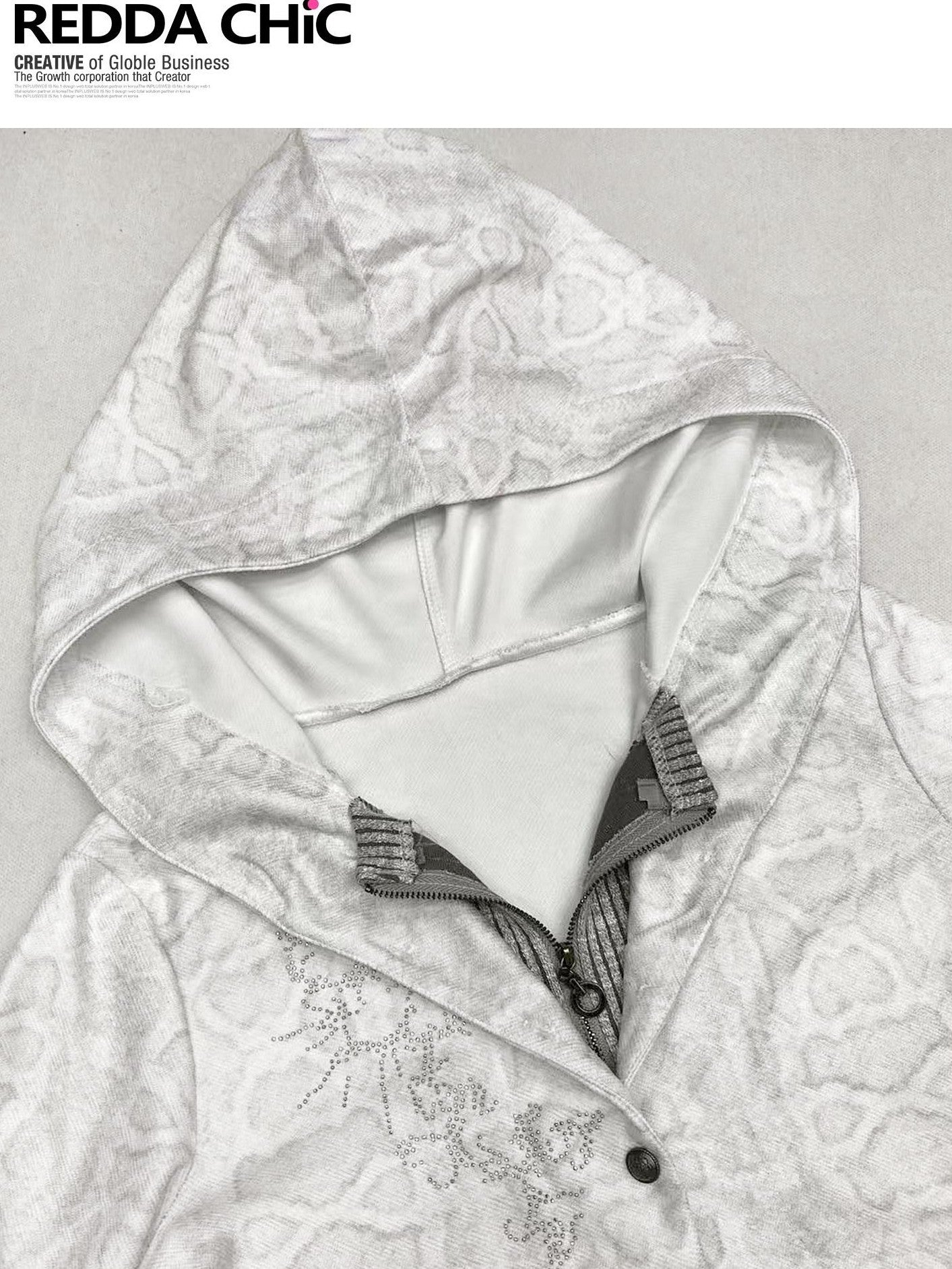 REDDACHIC White Grey Patchwork Striped Slim Zip Hooded Cross Print Women'S Hoodies