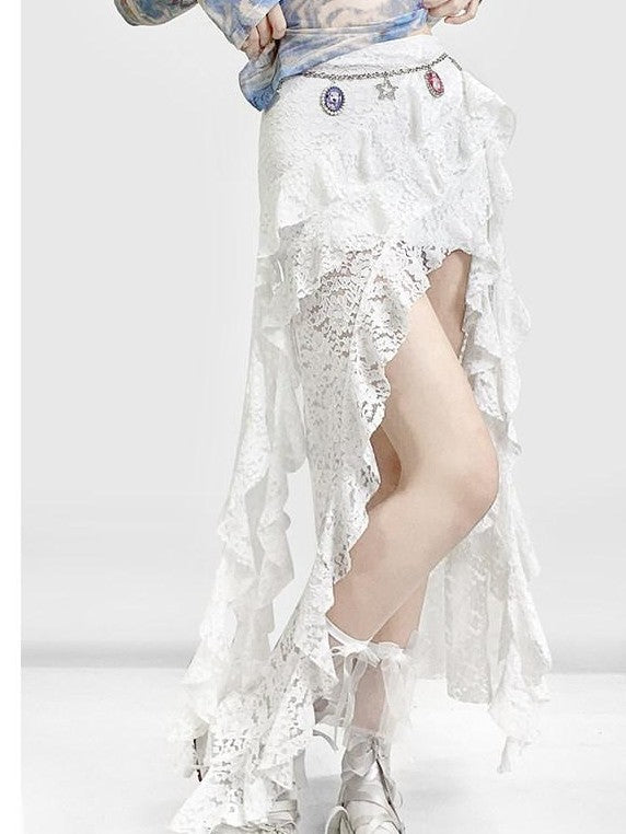 REDDACHIC White Lace Asymmetrical Slit High Waist Ruffle Hem Women'S Lace Maxi Skirts