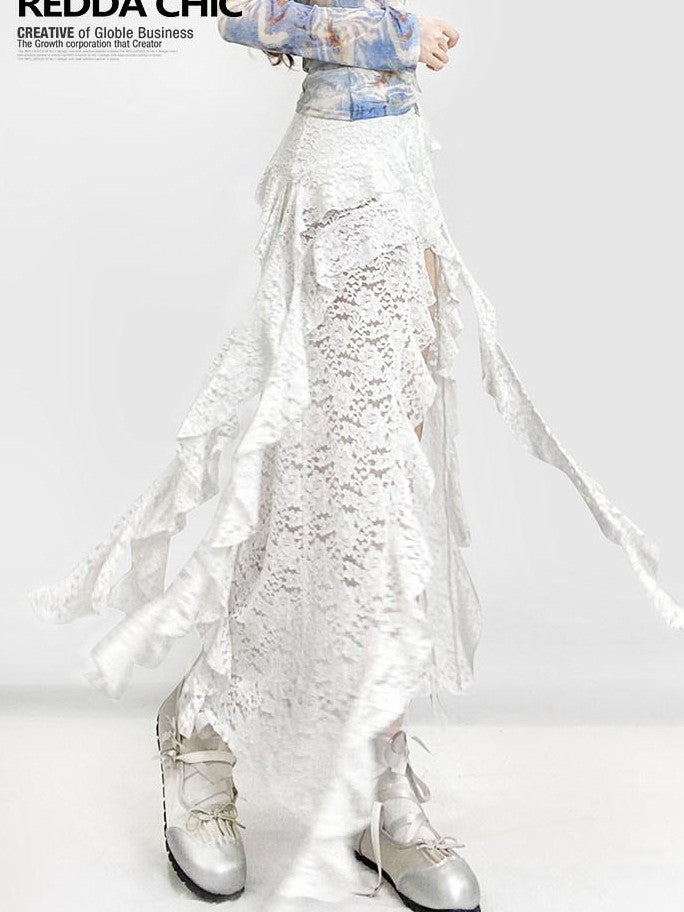 REDDACHIC White Lace Asymmetrical Slit High Waist Ruffle Hem Women'S Lace Maxi Skirts