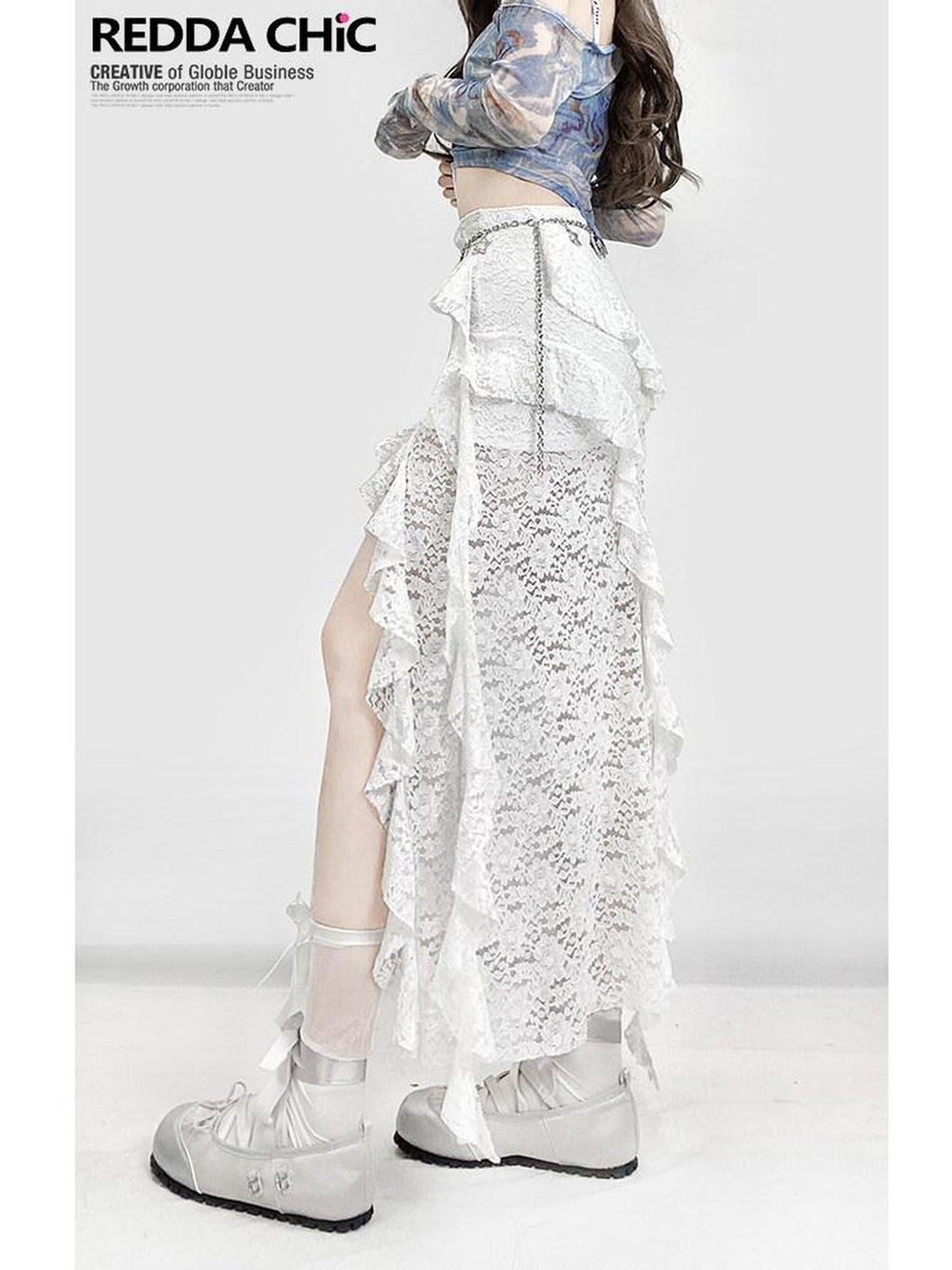 REDDACHIC White Lace Asymmetrical Slit High Waist Ruffle Hem Women'S Lace Maxi Skirts