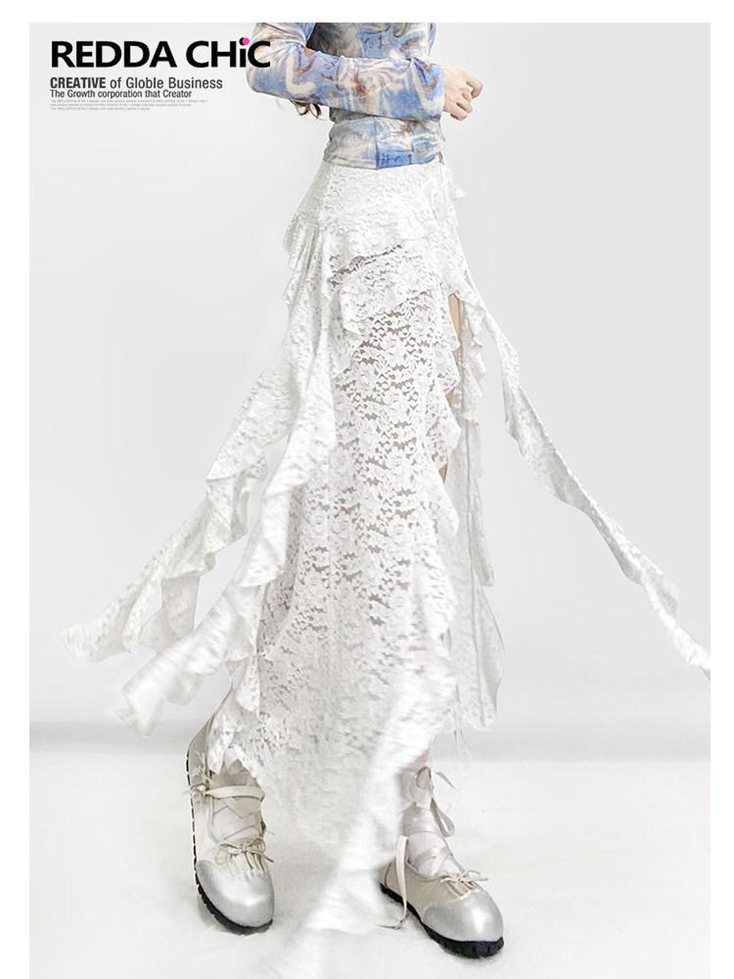 REDDACHIC White Lace Asymmetrical Slit High Waist Ruffle Hem Women'S Lace Maxi Skirts