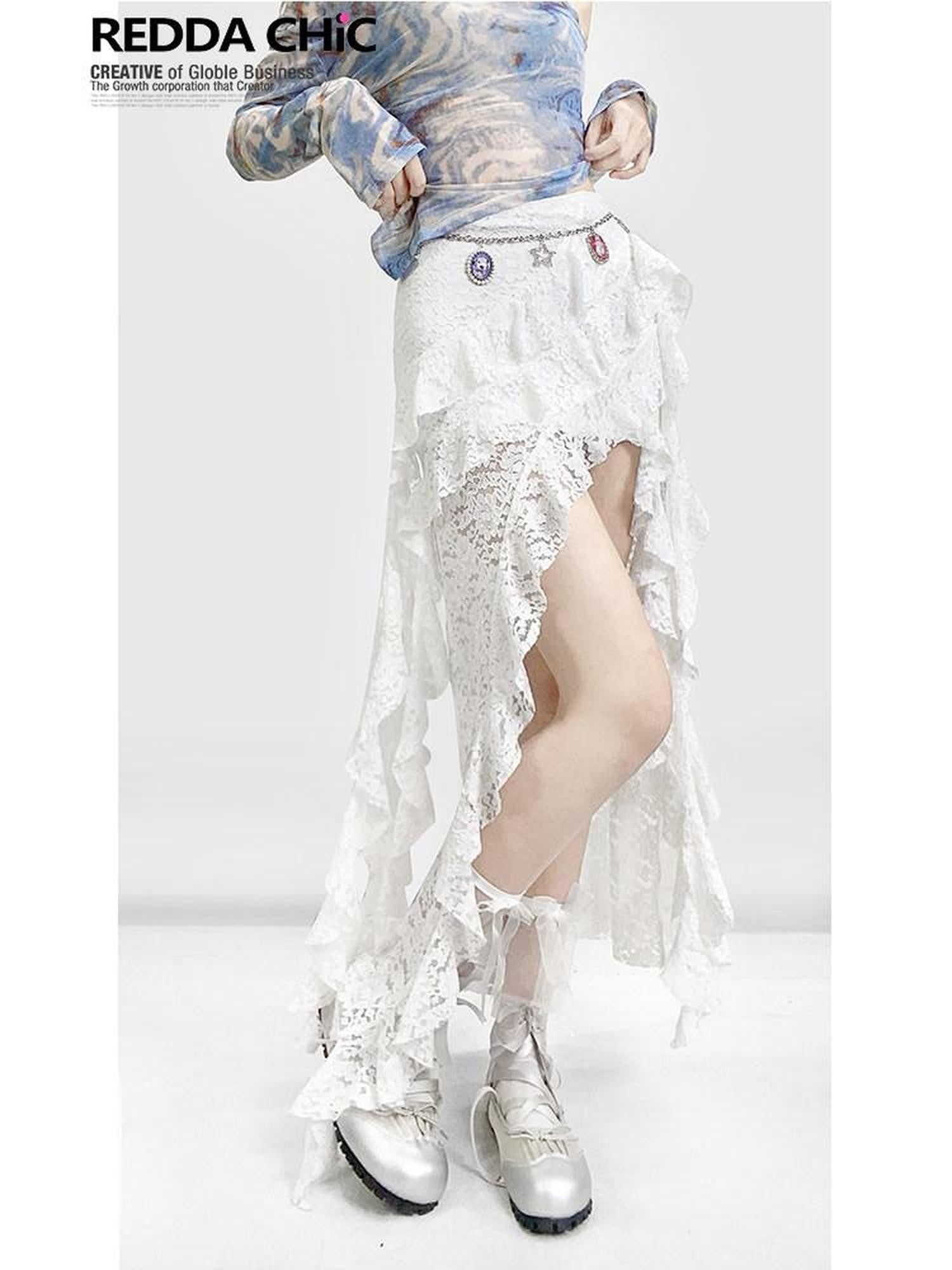REDDACHIC White Lace Asymmetrical Slit High Waist Ruffle Hem Women'S Lace Maxi Skirts