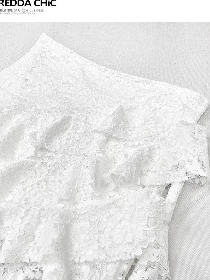 REDDACHIC White Lace Asymmetrical Slit High Waist Ruffle Hem Women'S Lace Maxi Skirts