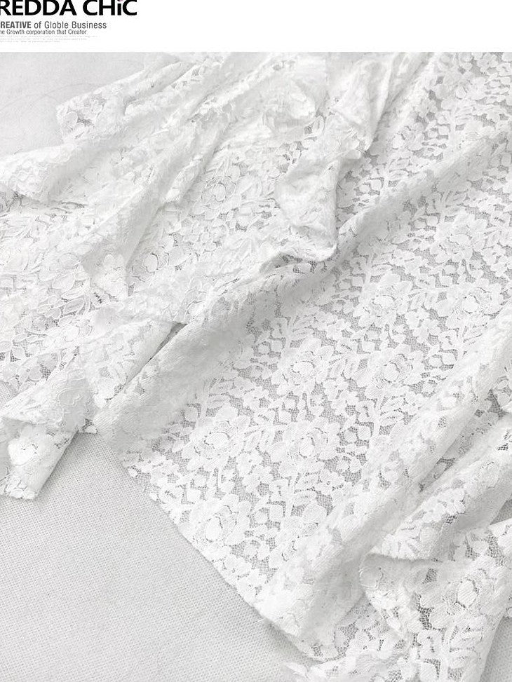 REDDACHIC White Lace Asymmetrical Slit High Waist Ruffle Hem Women'S Lace Maxi Skirts