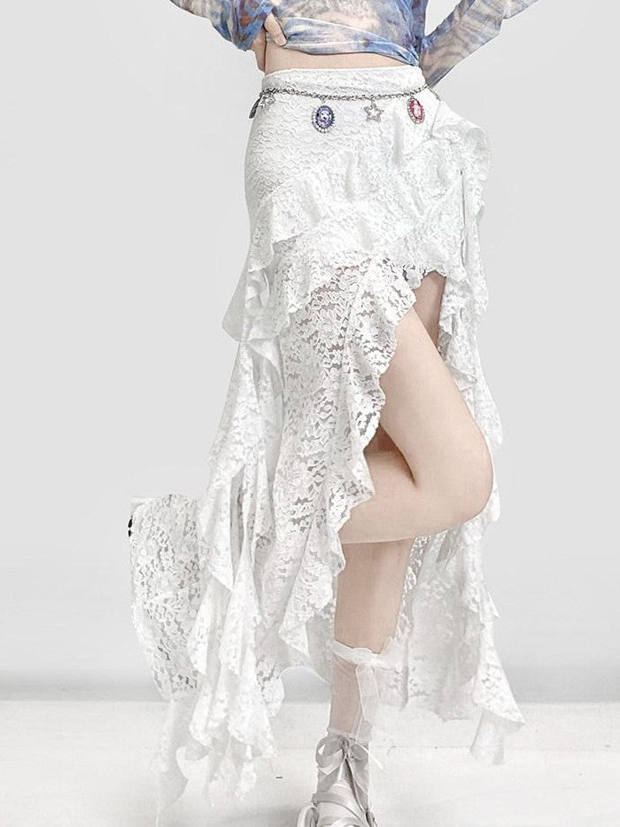 REDDACHIC White Lace Asymmetrical Slit High Waist Ruffle Hem Women'S Lace Maxi Skirts
