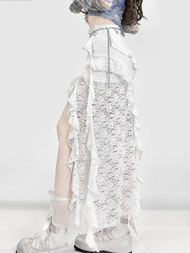REDDACHIC White Lace Asymmetrical Slit High Waist Ruffle Hem Women'S Lace Maxi Skirts