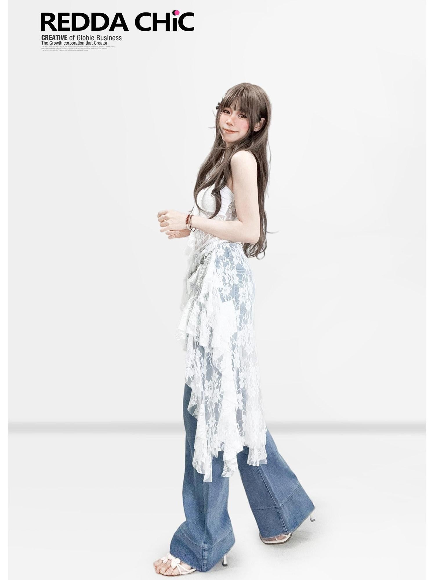 REDDACHIC White Lace Cutout V-neck Irregular Ruffle Women'S Lace Cotton Slip Midi Dresses