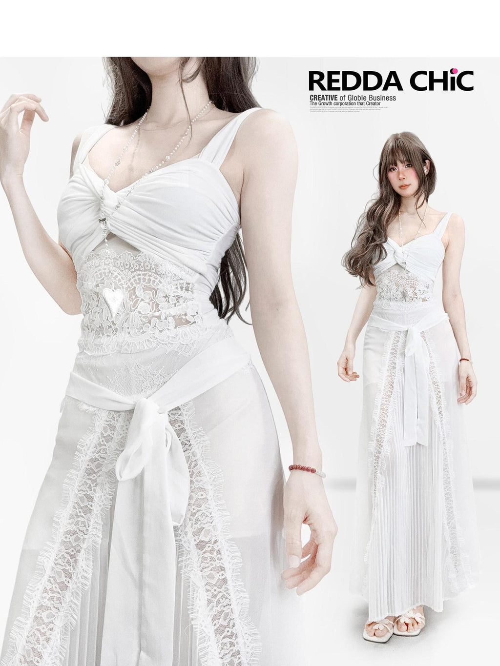 REDDACHIC White Lace French Cami Two Piece Waist Cinched Fitted Women'S Slip Maxi Dresses