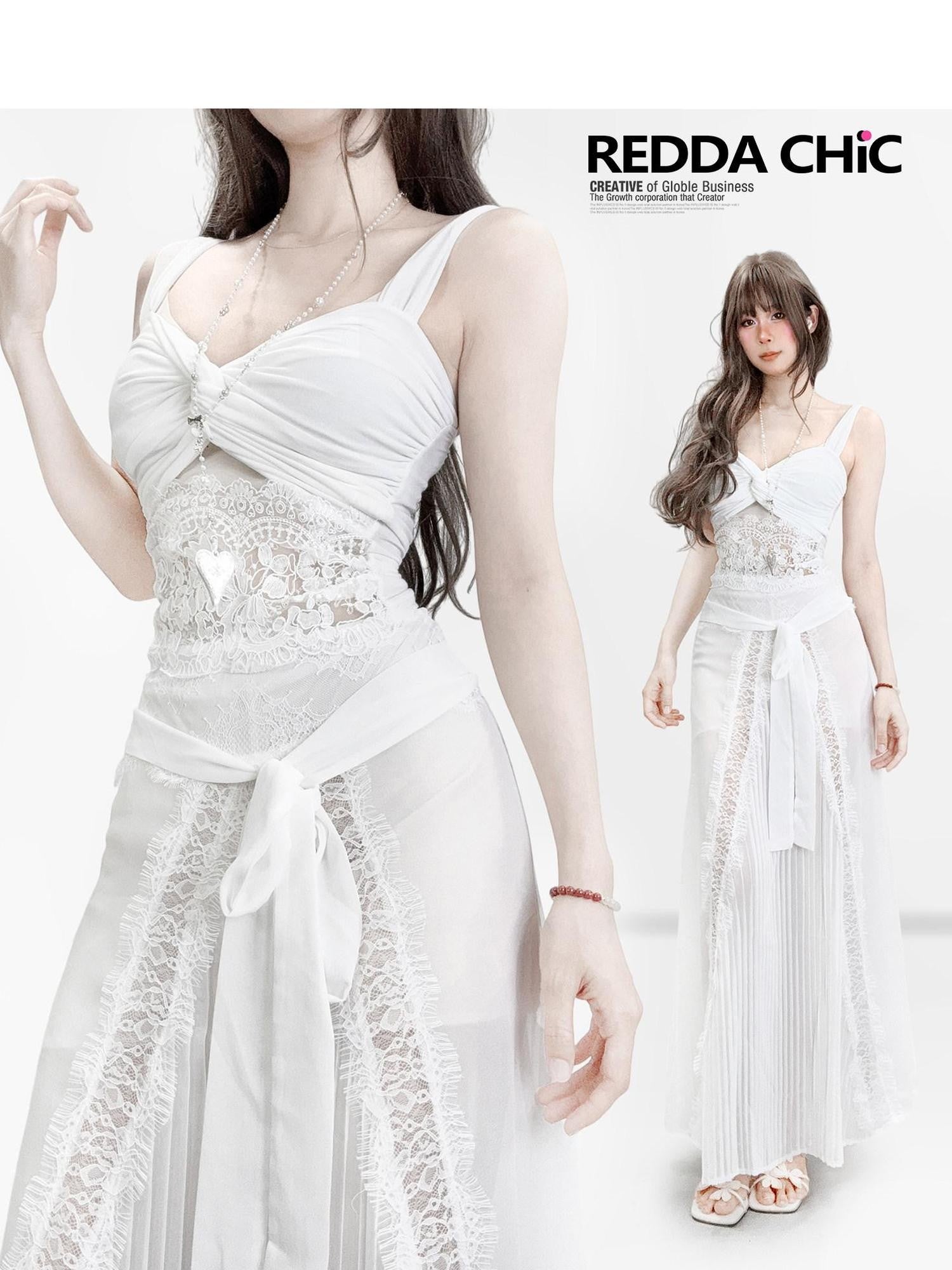 REDDACHIC White Lace French Cami Two Piece Waist Cinched Fitted Women'S Slip Maxi Dresses