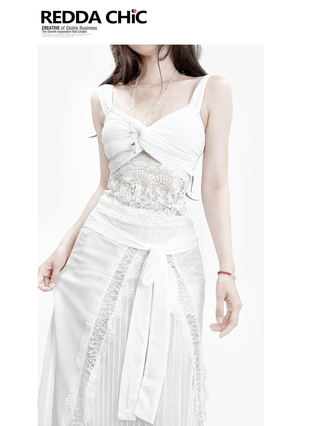 REDDACHIC White Lace French Cami Two Piece Waist Cinched Fitted Women'S Slip Maxi Dresses