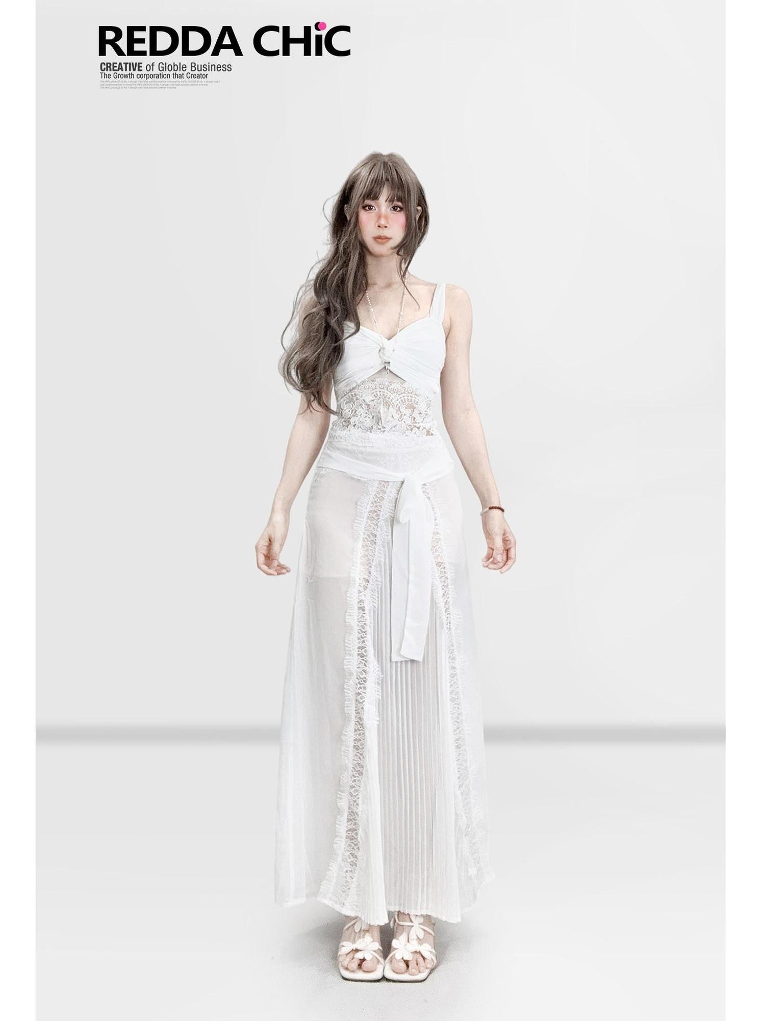 REDDACHIC White Lace French Cami Two Piece Waist Cinched Fitted Women'S Slip Maxi Dresses