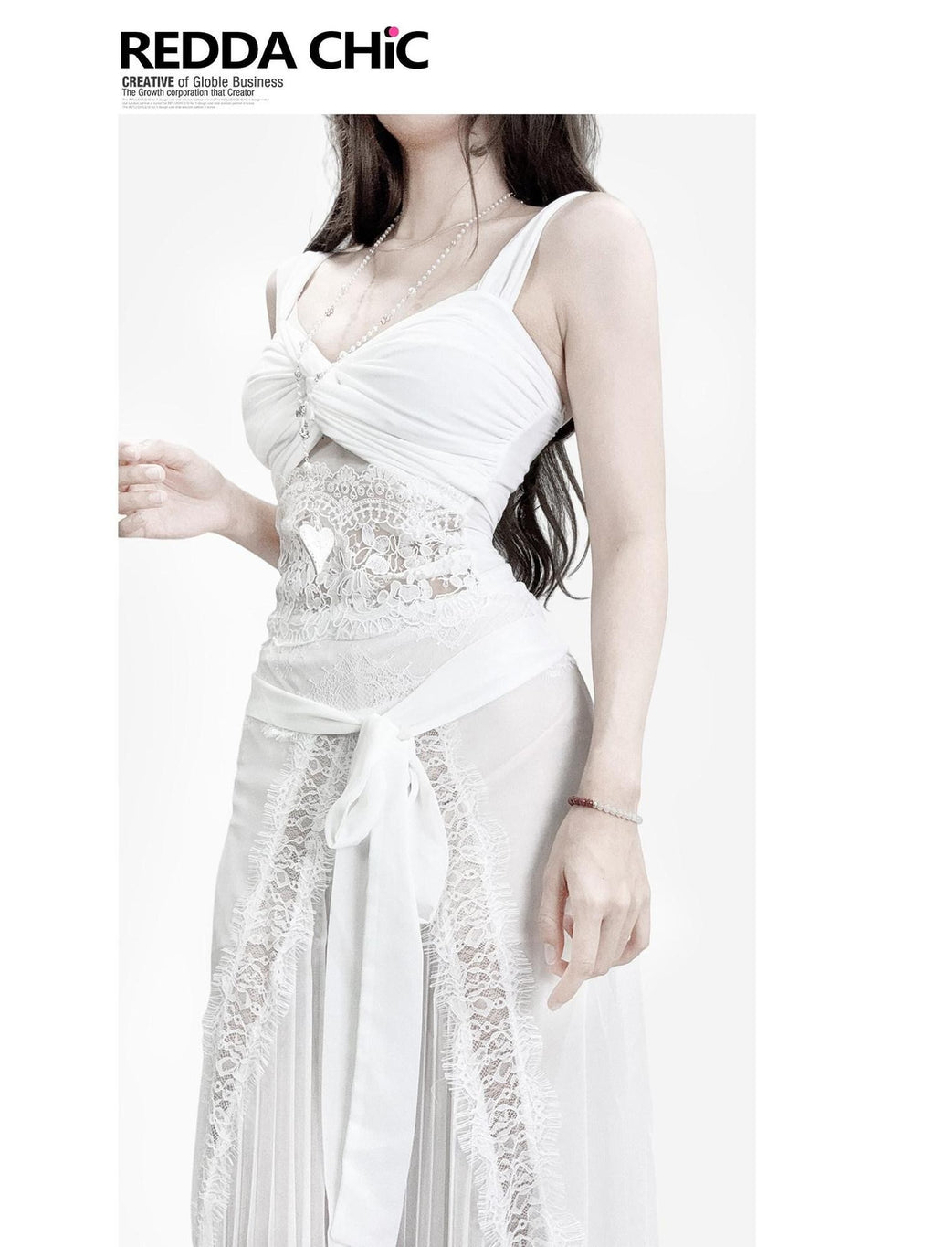 REDDACHIC White Lace French Cami Two Piece Waist Cinched Fitted Women'S Slip Maxi Dresses