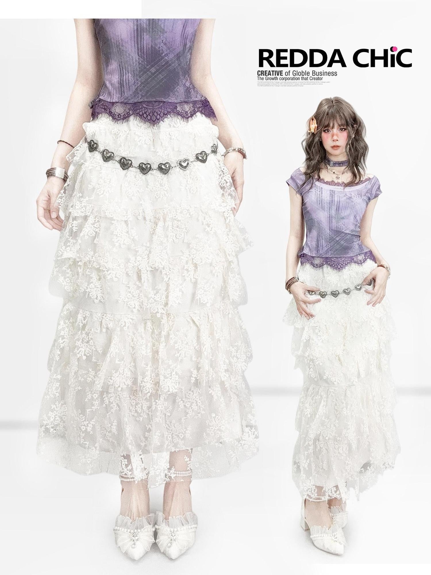 REDDACHIC White Lace Patchwork Tiered A Line High Waist Midi Women'S Lace Maxi Skirts