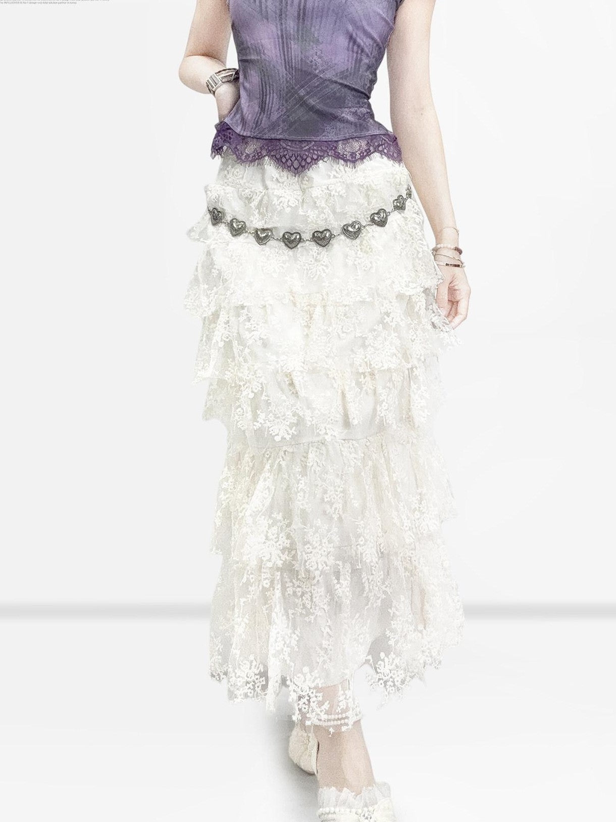 REDDACHIC White Lace Patchwork Tiered A Line High Waist Midi Women'S Lace Maxi Skirts