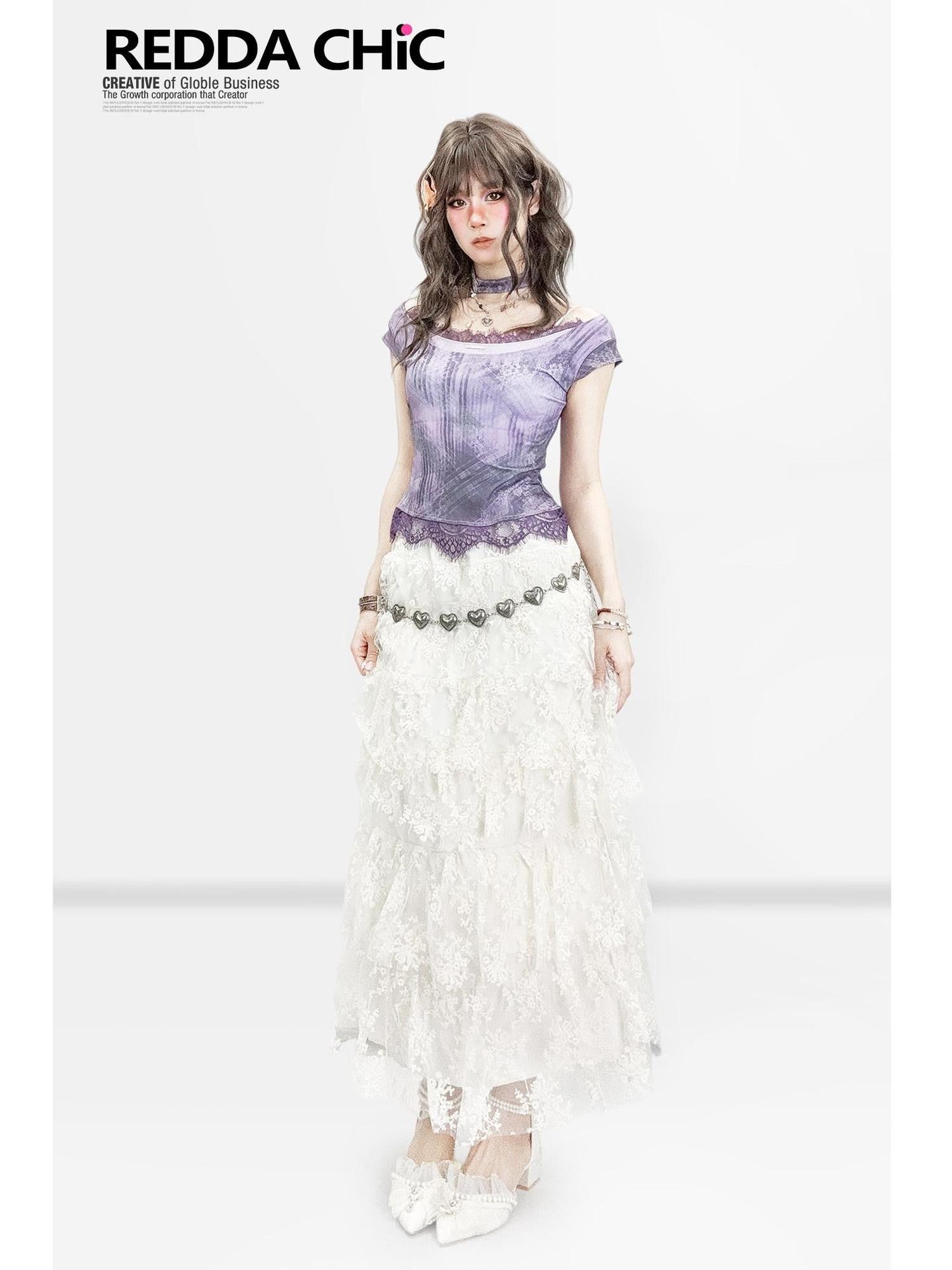 REDDACHIC White Lace Patchwork Tiered A Line High Waist Midi Women'S Lace Maxi Skirts