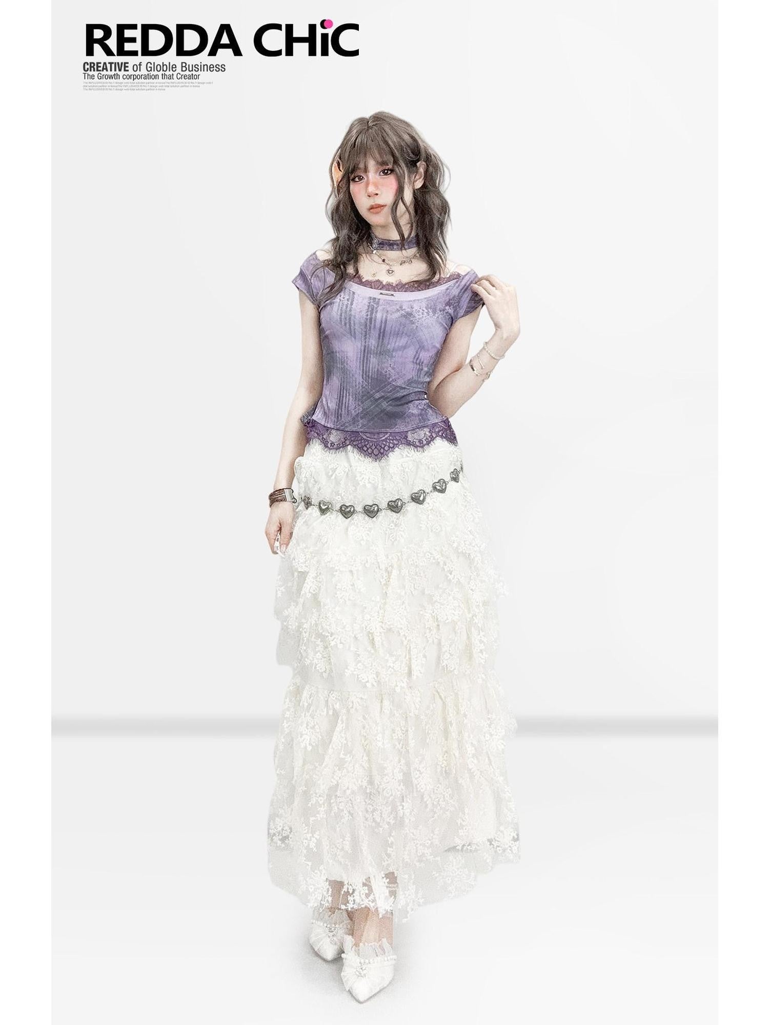 REDDACHIC White Lace Patchwork Tiered A Line High Waist Midi Women'S Lace Maxi Skirts