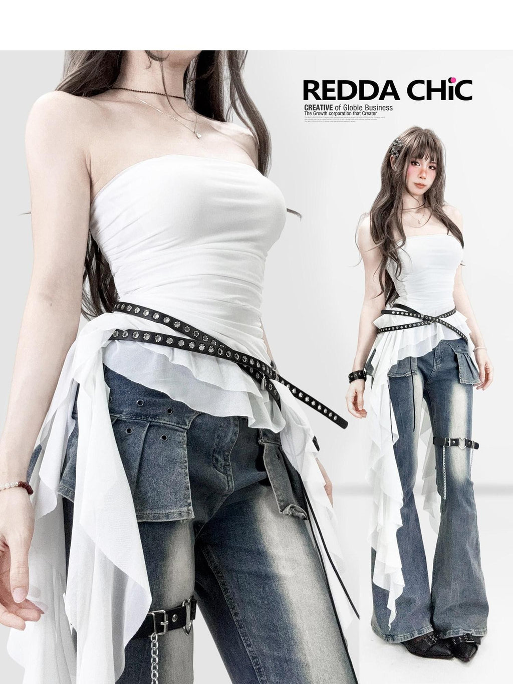 REDDACHIC White Retro Asymmetric Ruffle Cropped Women'S Mesh Strapless Mini Dresses