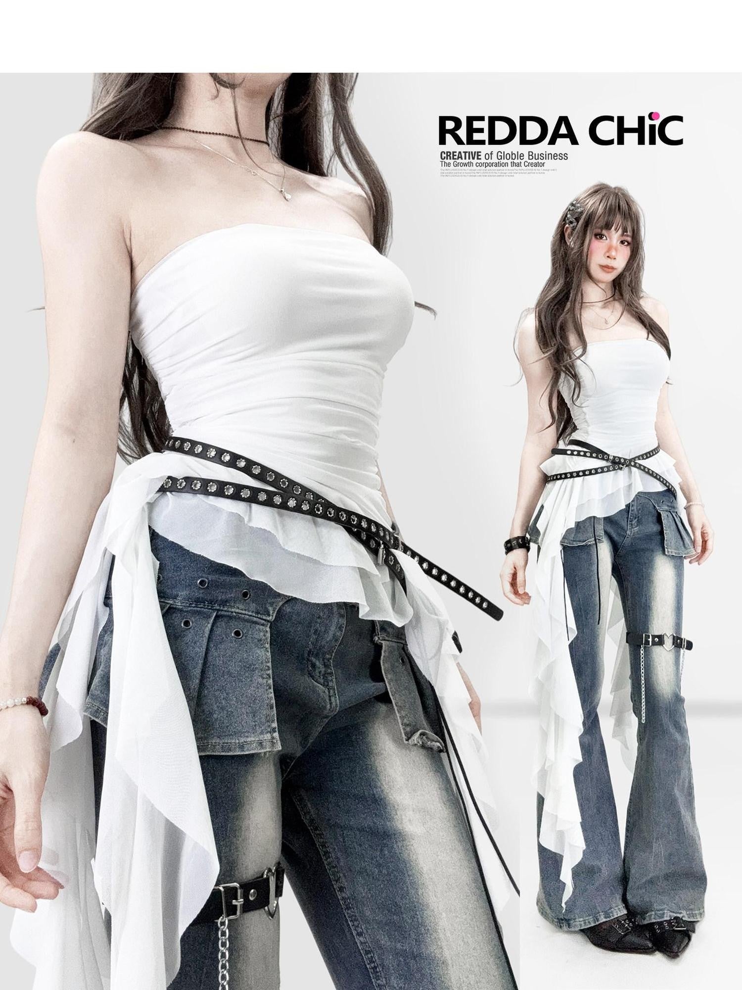 REDDACHIC White Retro Asymmetric Ruffle Cropped Women'S Mesh Strapless Mini Dresses