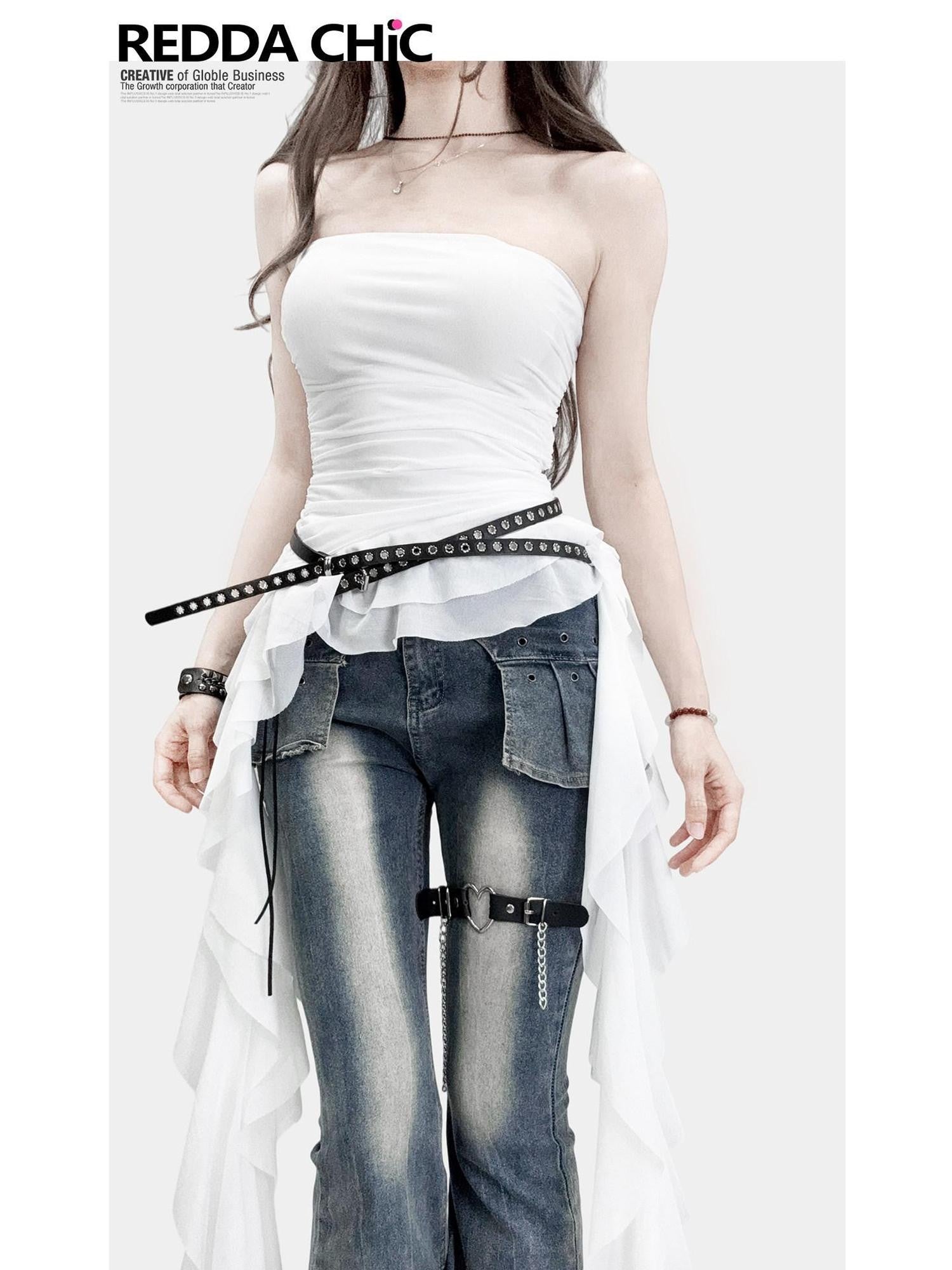REDDACHIC White Retro Asymmetric Ruffle Cropped Women'S Mesh Strapless Mini Dresses
