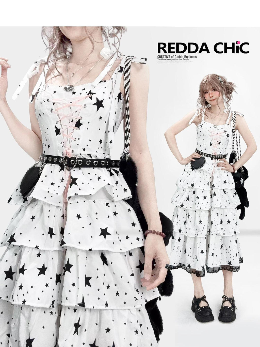 REDDACHIC White Strappy Layered Printed High Waist Aline Women'S Midi Dresses