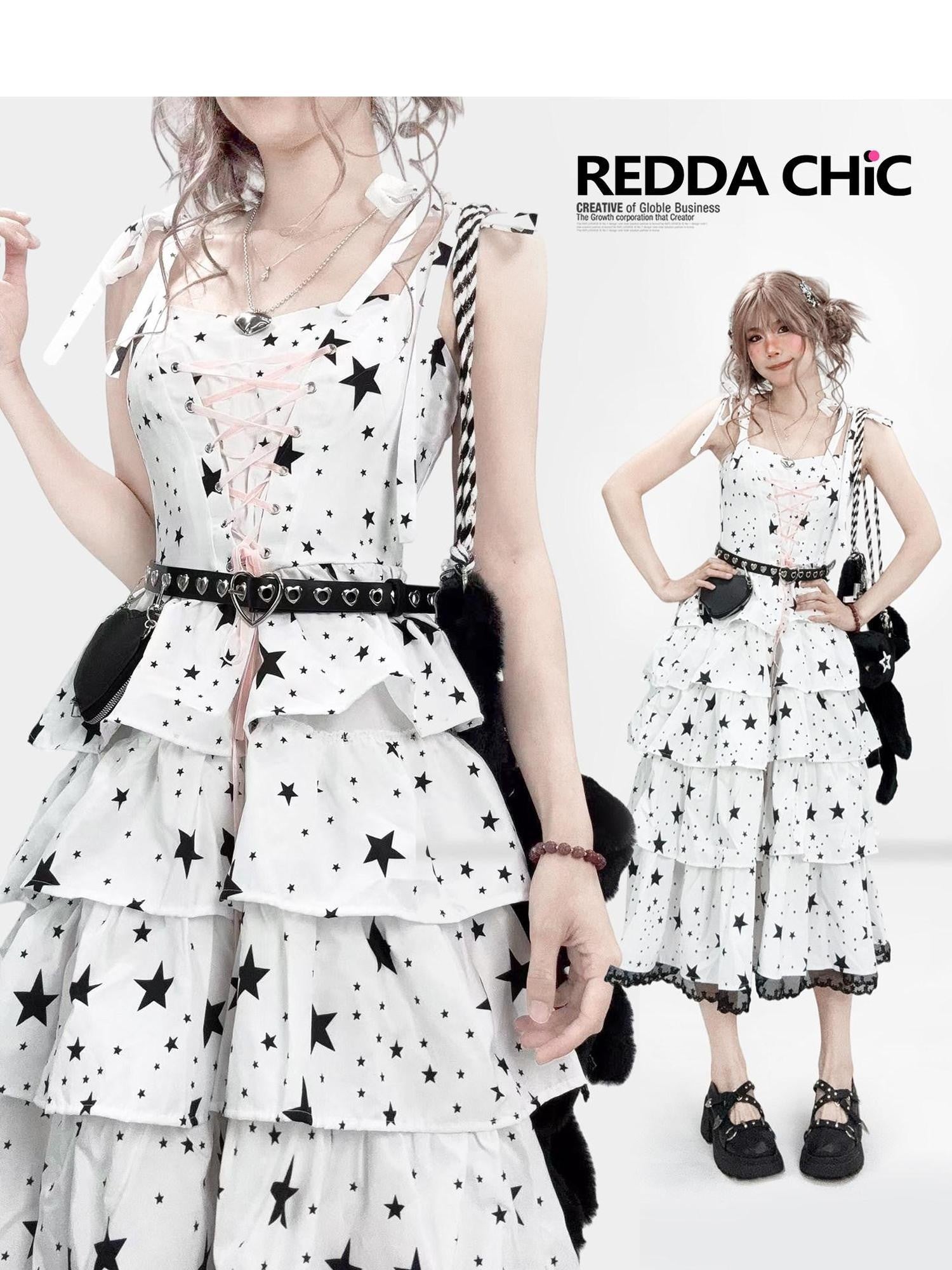 REDDACHIC White Strappy Layered Printed High Waist Aline Women'S Midi Dresses