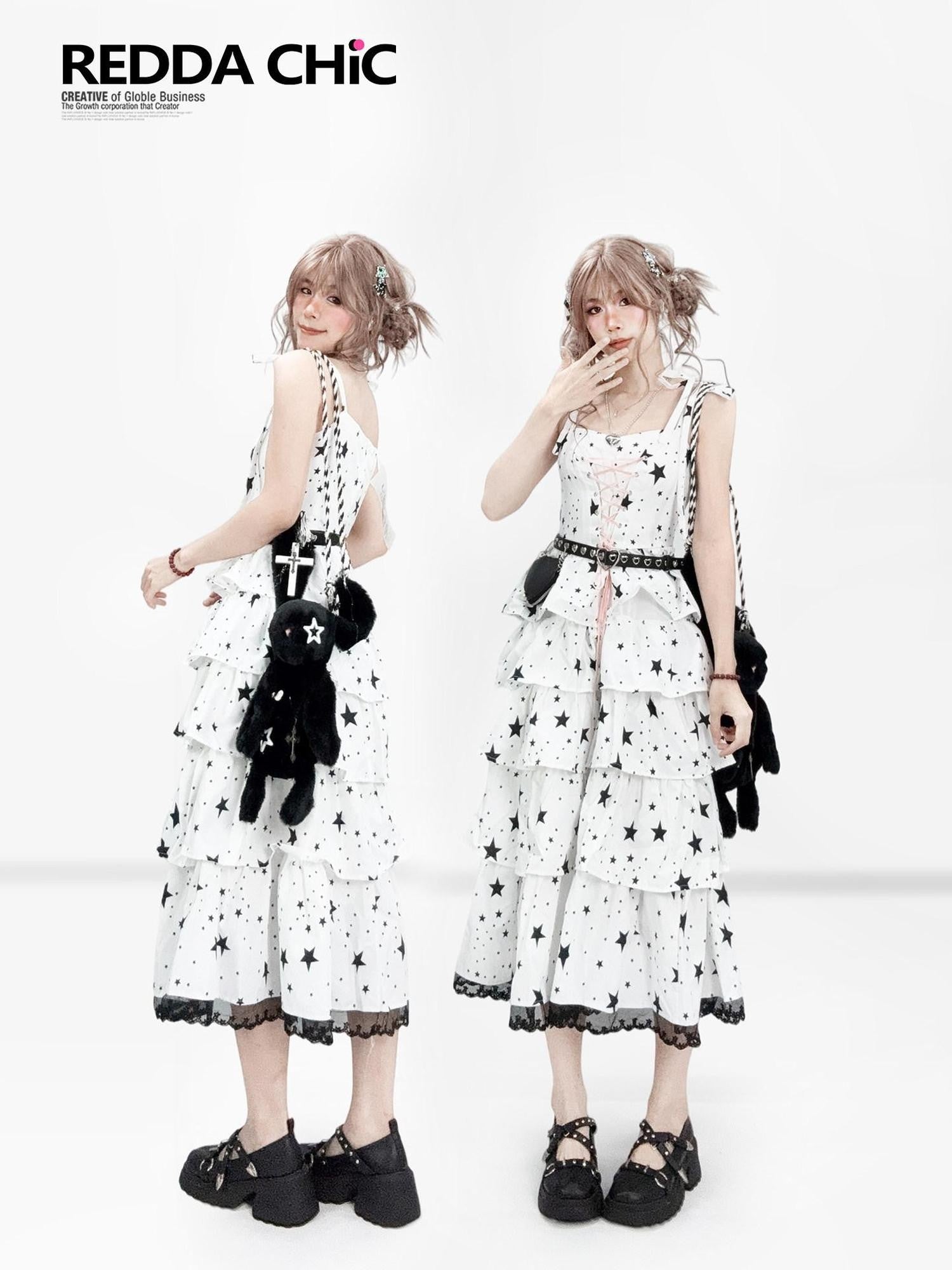 REDDACHIC White Strappy Layered Printed High Waist Aline Women'S Midi Dresses