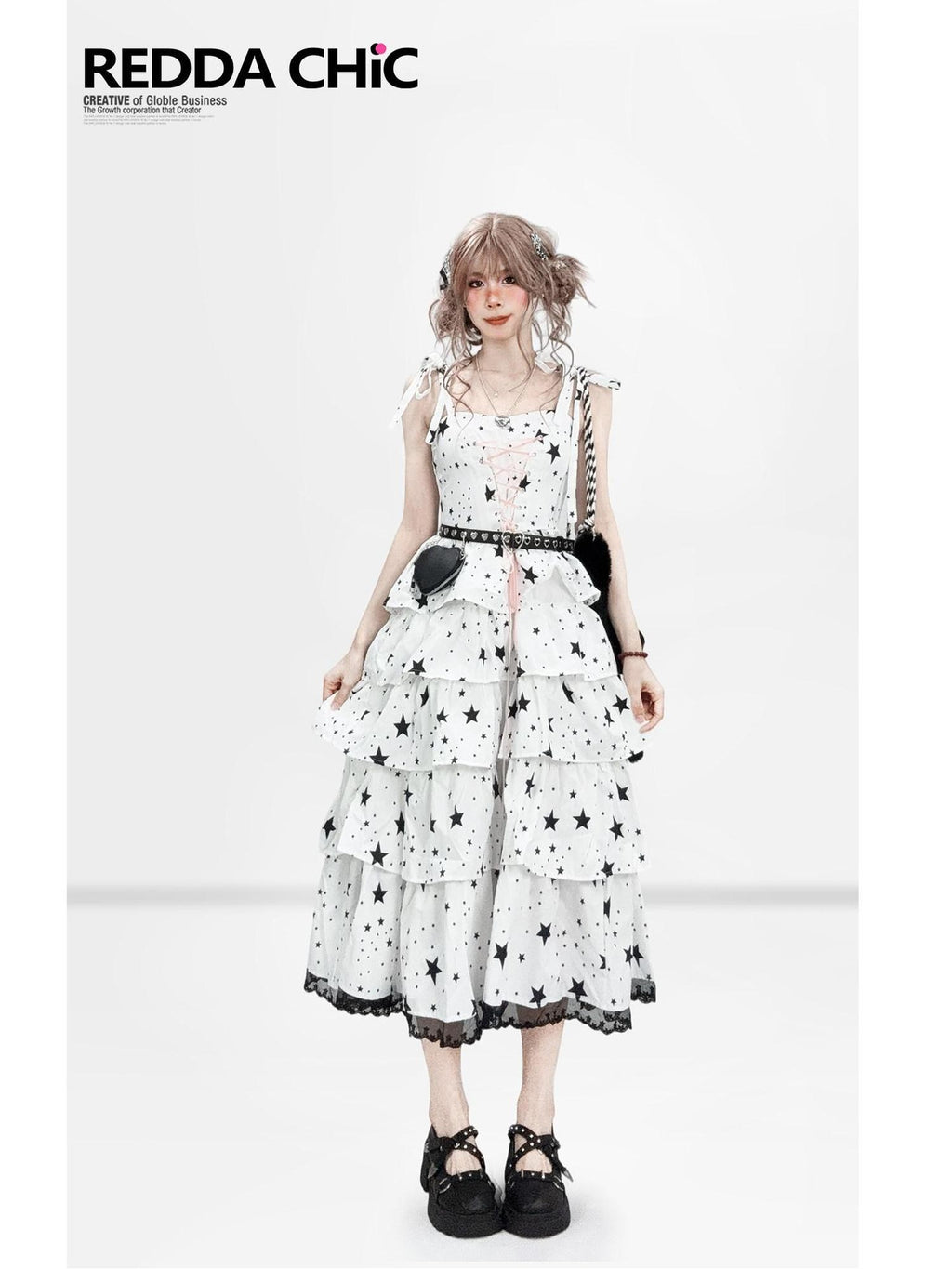 REDDACHIC White Strappy Layered Printed High Waist Aline Women'S Midi Dresses