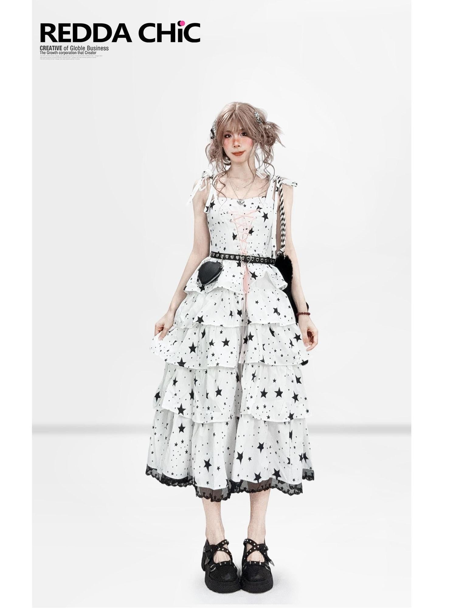 REDDACHIC White Strappy Layered Printed High Waist Aline Women'S Midi Dresses