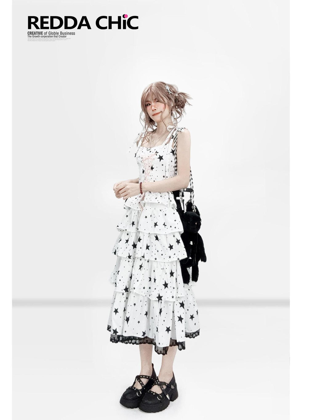 REDDACHIC White Strappy Layered Printed High Waist Aline Women'S Midi Dresses