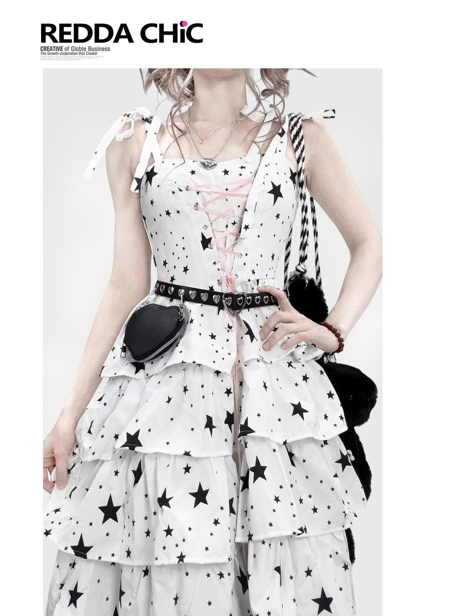REDDACHIC White Strappy Layered Printed High Waist Aline Women'S Midi Dresses