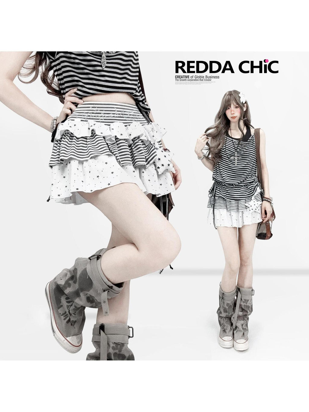 REDDACHIC White Striped Tiered A Line Rhinestone High Waist Women'S Polyester Mini Skirts