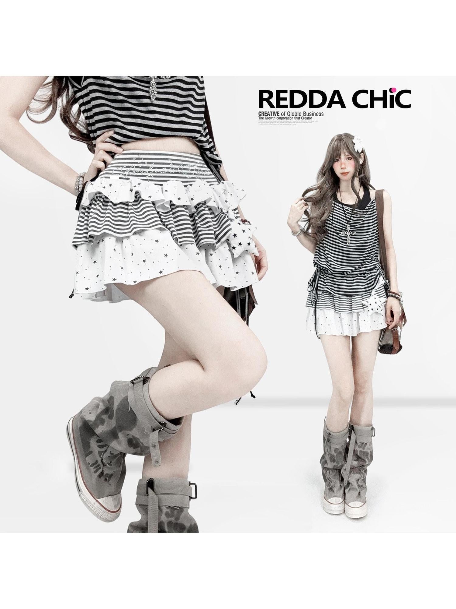 REDDACHIC White Striped Tiered A Line Rhinestone High Waist Women'S Polyester Mini Skirts