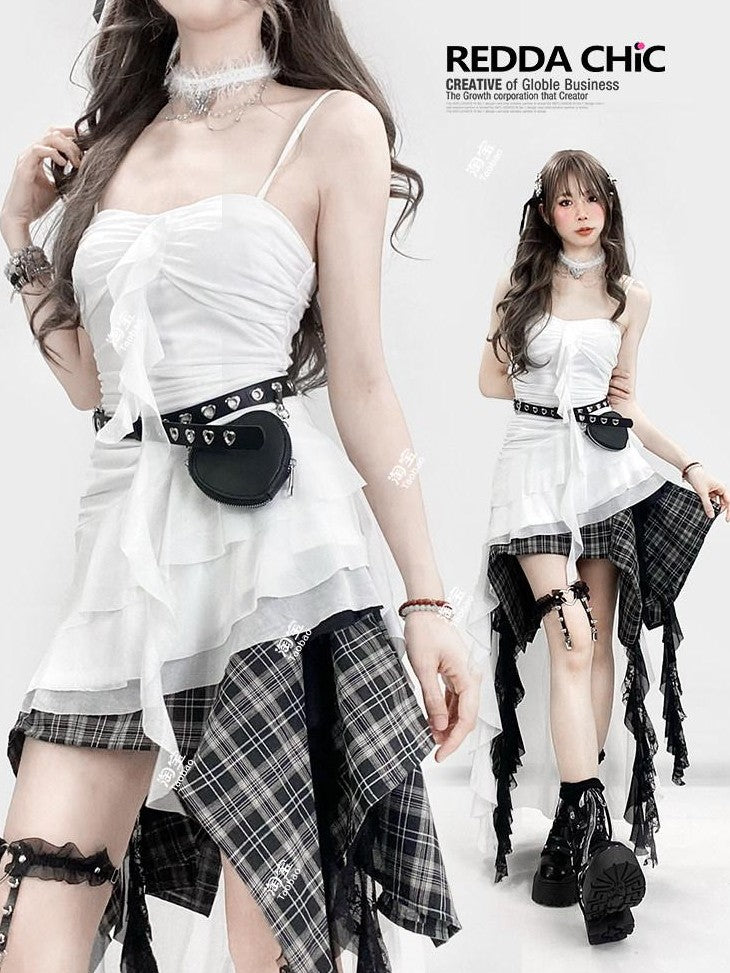 REDDACHIC White Tie Back Asymmetrical Slim Fit Spaghetti Strap Women'S Slip Mini Dresses