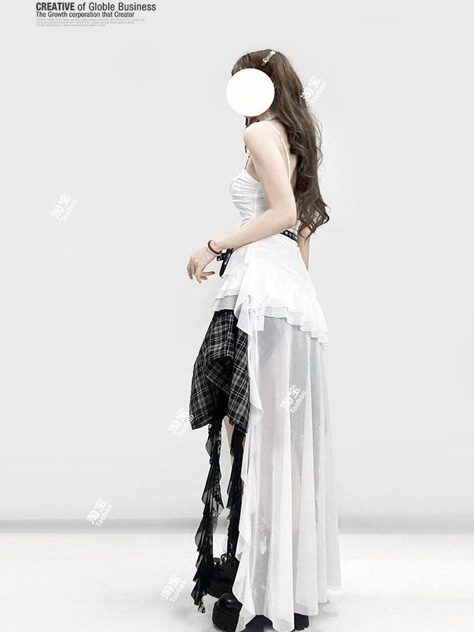 REDDACHIC White Tie Back Asymmetrical Slim Fit Spaghetti Strap Women'S Slip Mini Dresses