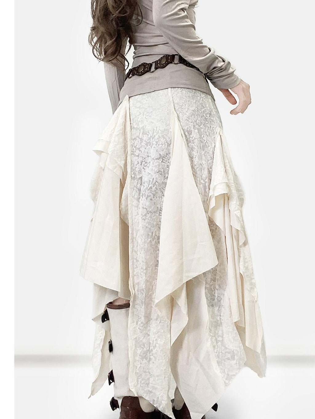 REDDACHIC White Vintage Irregular Ruffle Women'S Lace Patchwork Maxi Skirts